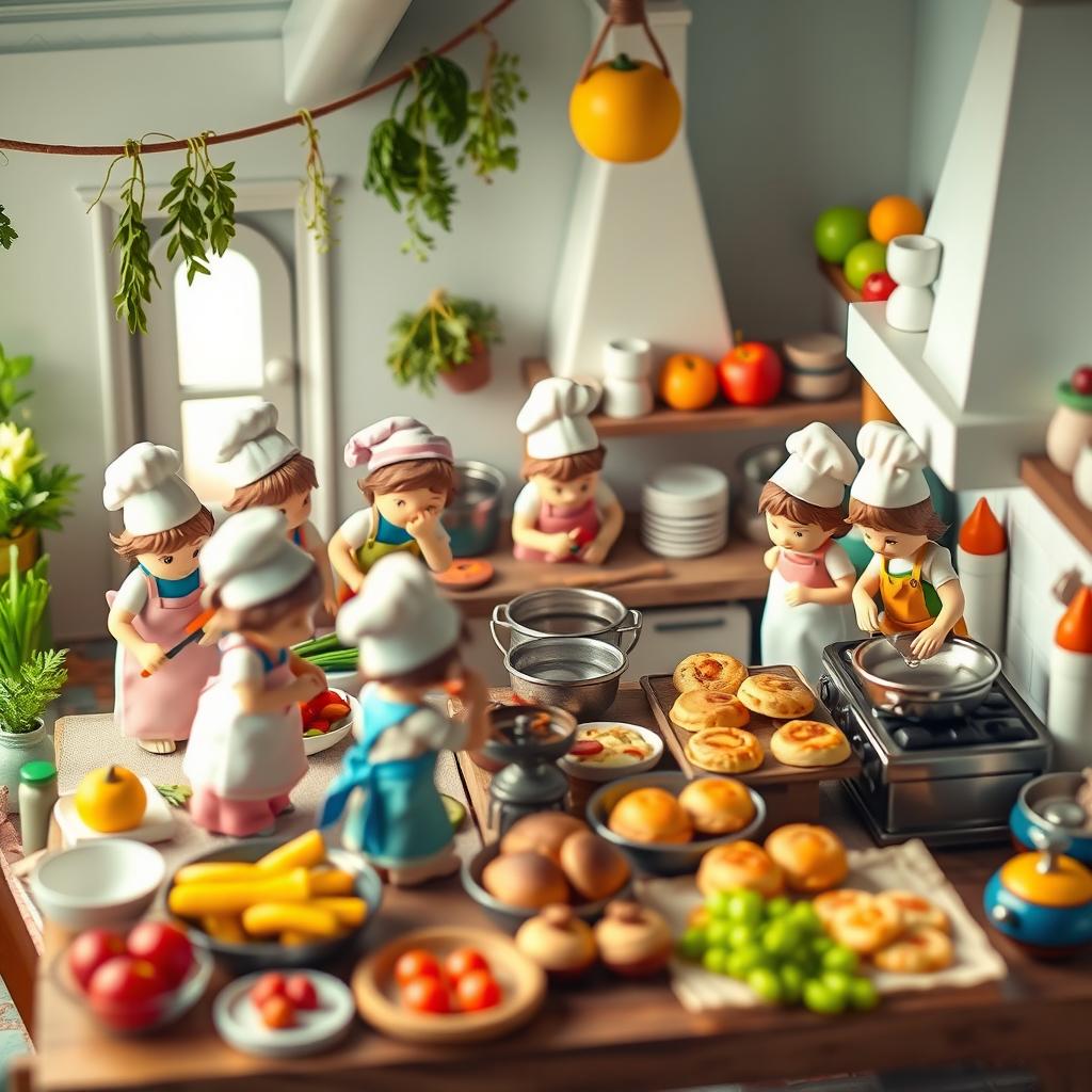 A whimsical scene featuring tiny people in a kitchen bustling with activity, preparing various delicious foods