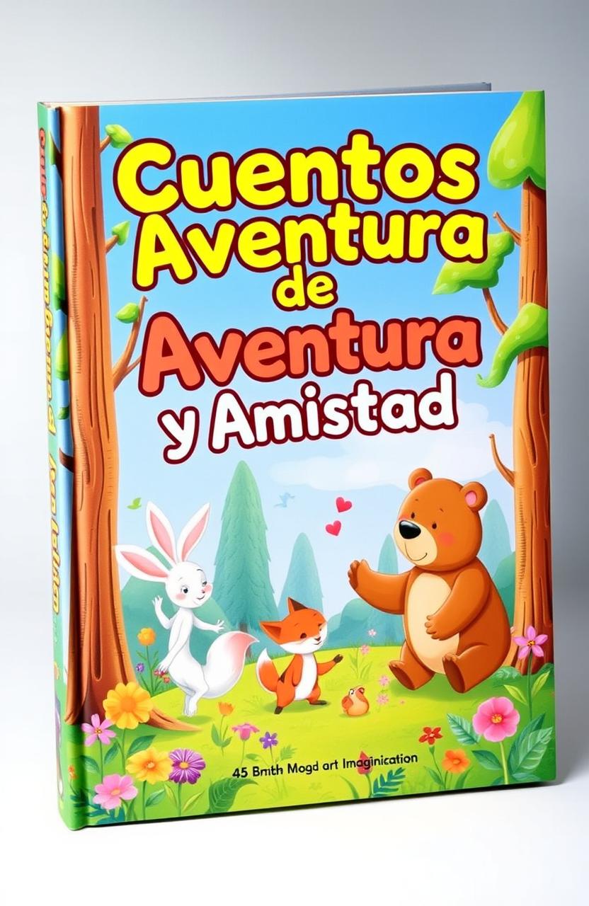 A colorful and whimsical book cover for a children's book titled "Cuentos de Aventura y Amistad"