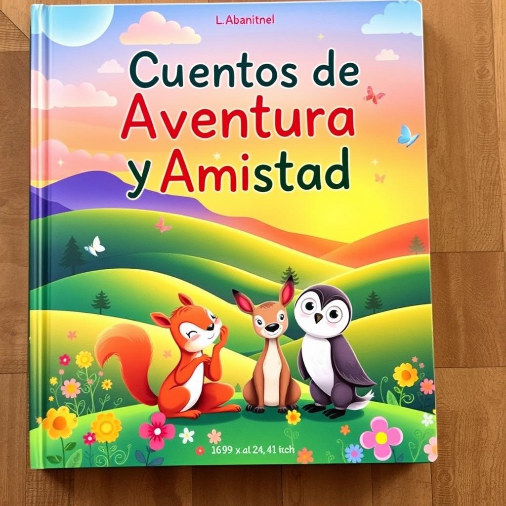 A captivating and cheerful book cover for a children's book titled "Cuentos de Aventura y Amistad"