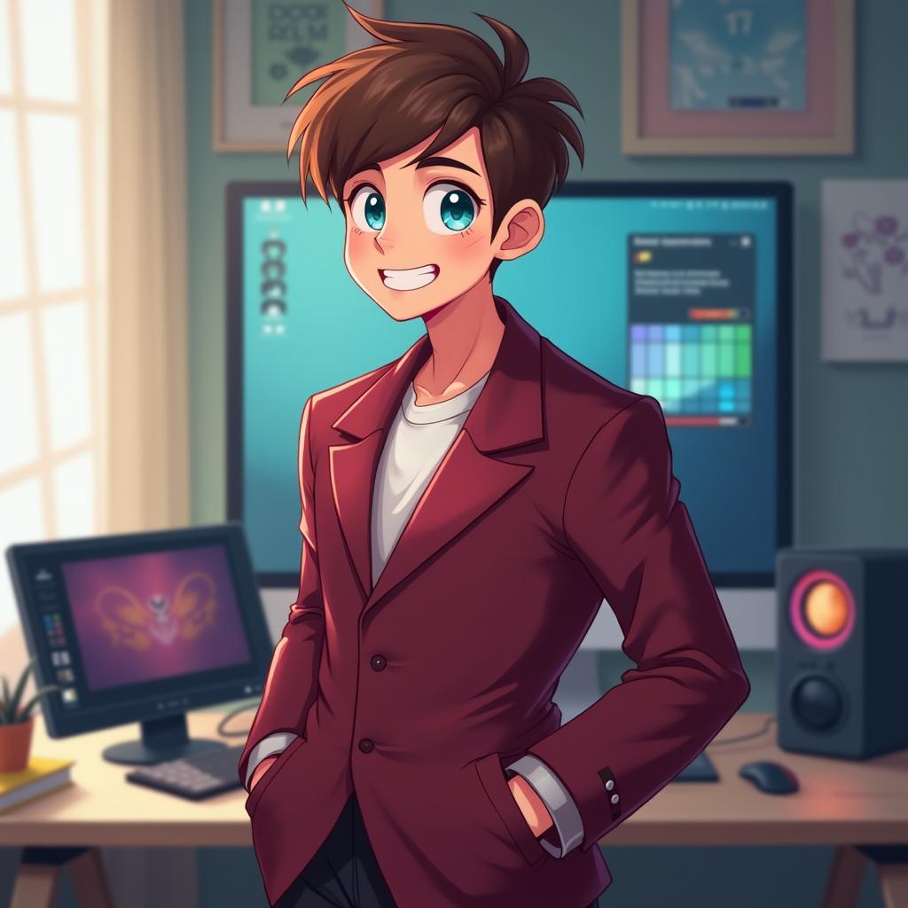 A young male character wearing a maroon blazer, styled in a trendy yet casual way