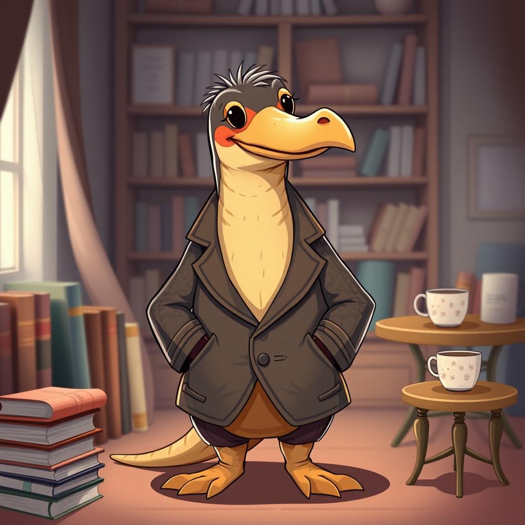 A whimsical illustration of a platypus wearing a stylish blazer, standing confidently with its hands in its pockets