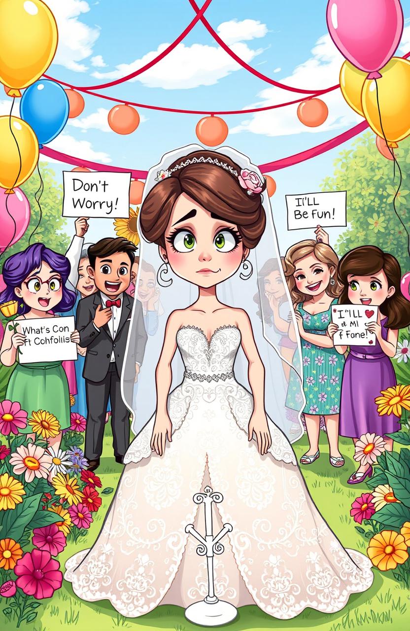 A whimsical illustration depicting a nervous bride standing at the altar, surrounded by a humorous setting