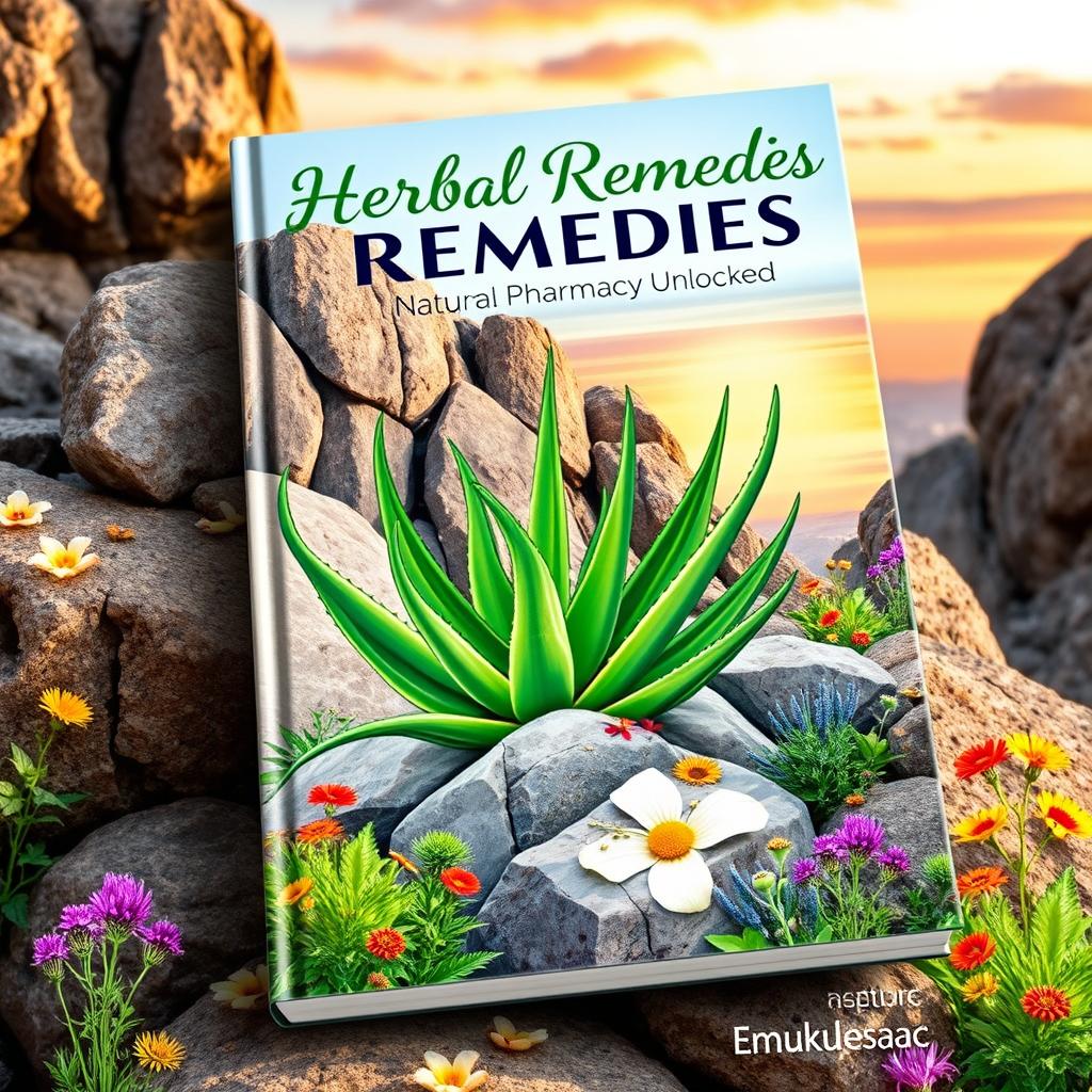 A unique and visually appealing book cover for the new book titled 'Herbal Remedies', with the subtitle 'Natural Pharmacy Unlocked' and the author name 'Emukule Isaac'
