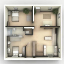 An architectural layout of a house featuring three bedrooms, a joint living room and kitchen, front and back doors with a passing hallway leading to the backdoor through two smaller rooms. No garage or bathrooms included.