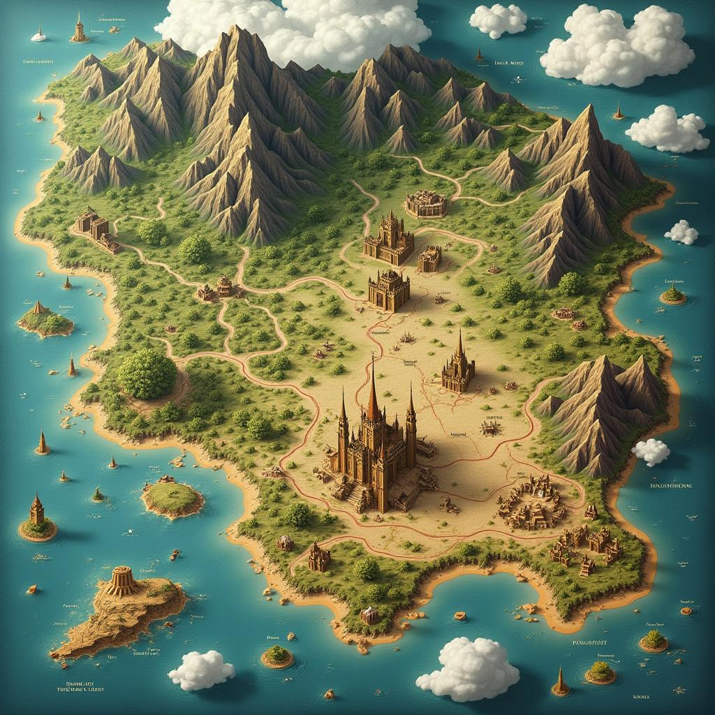 A detailed artistic representation of a fantasy continent map, featuring diverse geographical elements such as towering mountains, expansive forests, winding rivers, and vibrant cities