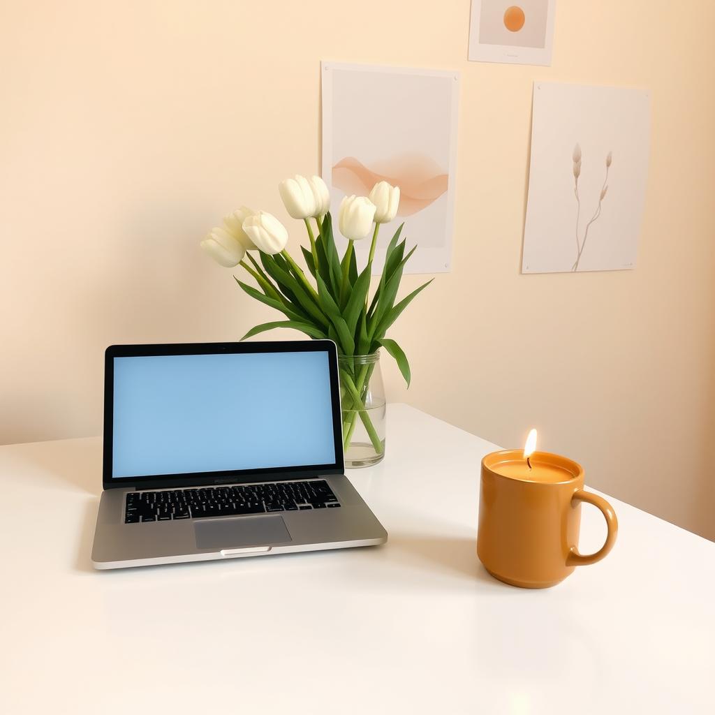 A serene workspace featuring a gray laptop on a pristine white desk, complemented by a burning candle in a dark yellow cup