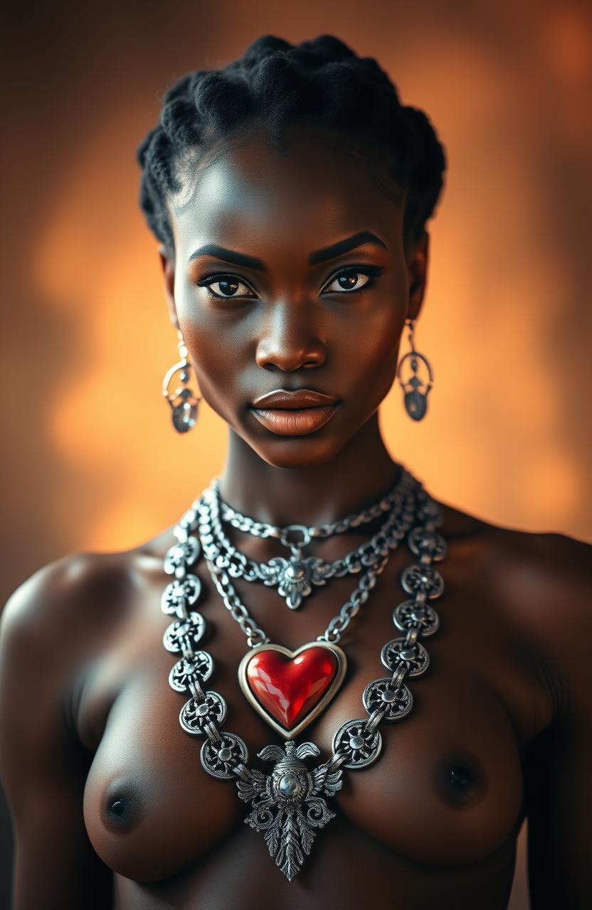 A stunning portrait of a beautiful African woman with warm skin tones and striking features, her heart symbolically represented at the center of her chest, encircled by an ornate, elegant silver chain