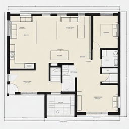 An architectural layout of a house featuring three bedrooms, a joint living room and kitchen, front and back doors with a passing hallway leading to the backdoor through two smaller rooms. No garage or bathrooms included.