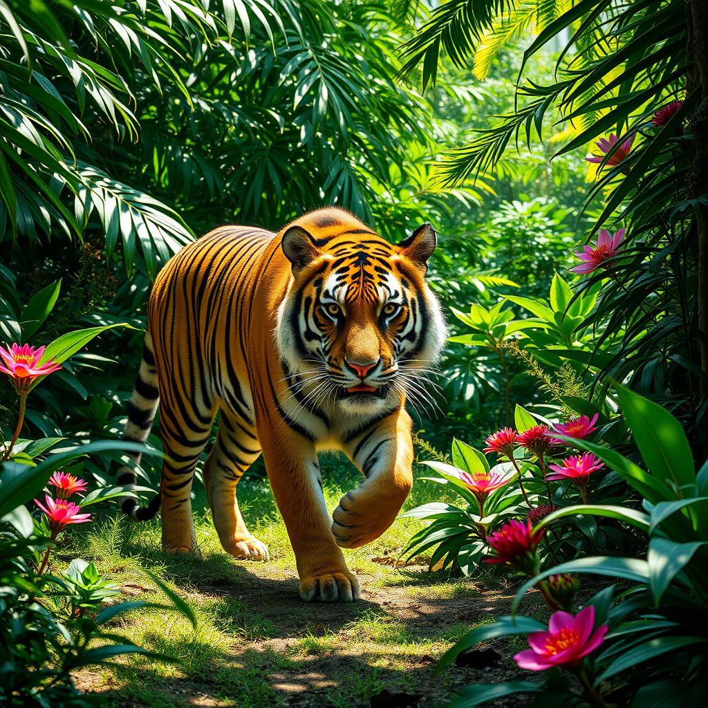 A majestic tiger prowling through a lush, green rainforest, its vibrant orange and black stripes contrasting beautifully against the dense foliage