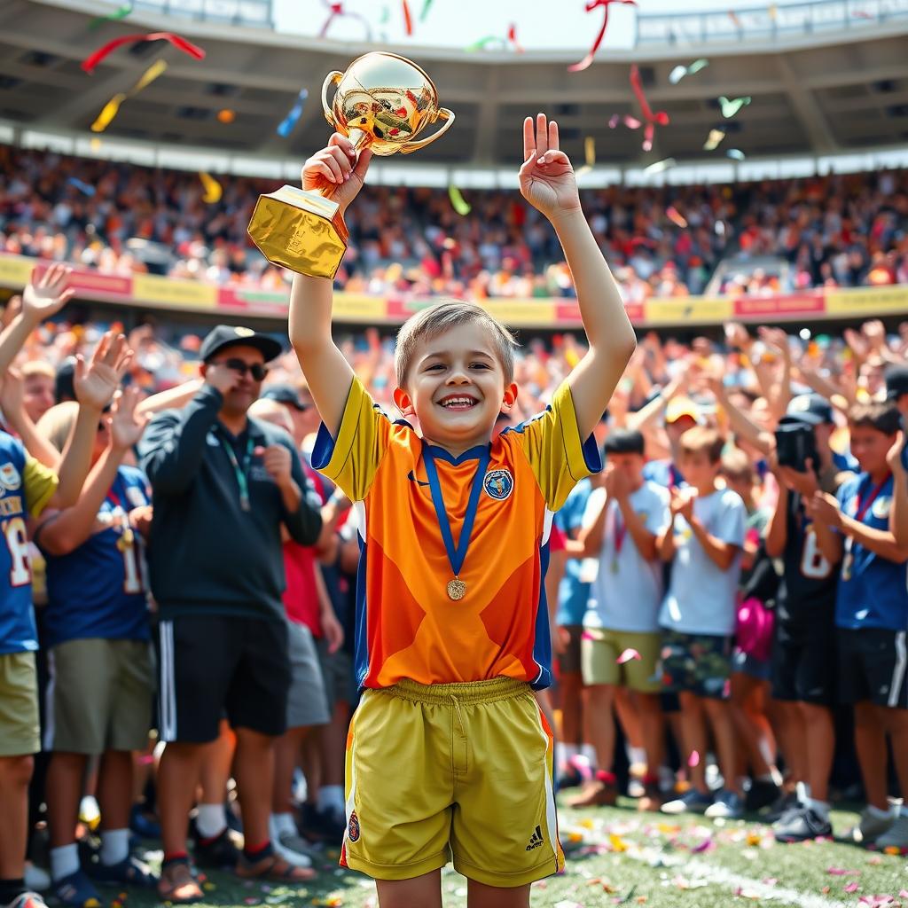 A triumphant young boy celebrating his victory after winning a sports game, wearing a colorful jersey and shorts with a joyful smile
