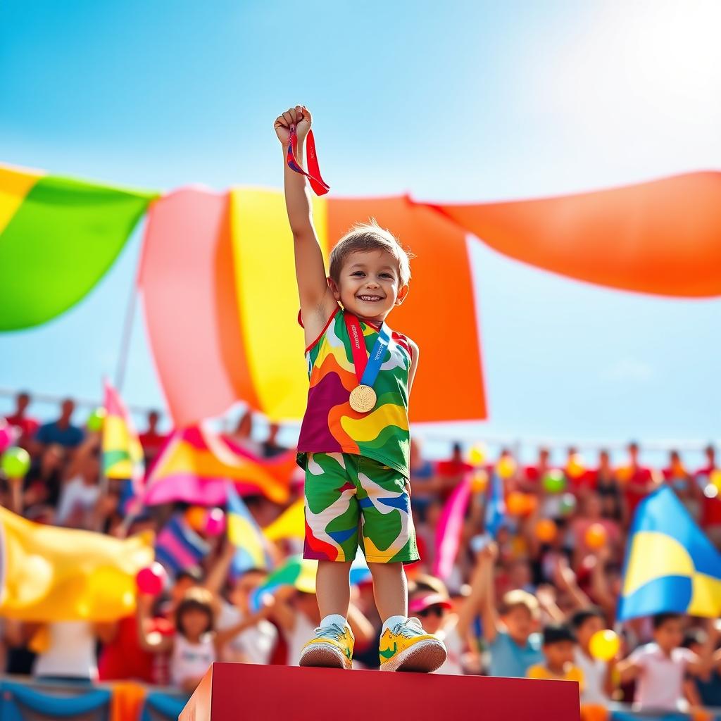 A triumphant young boy standing on a podium, holding a gold medal high in the air, beaming with pride and joy