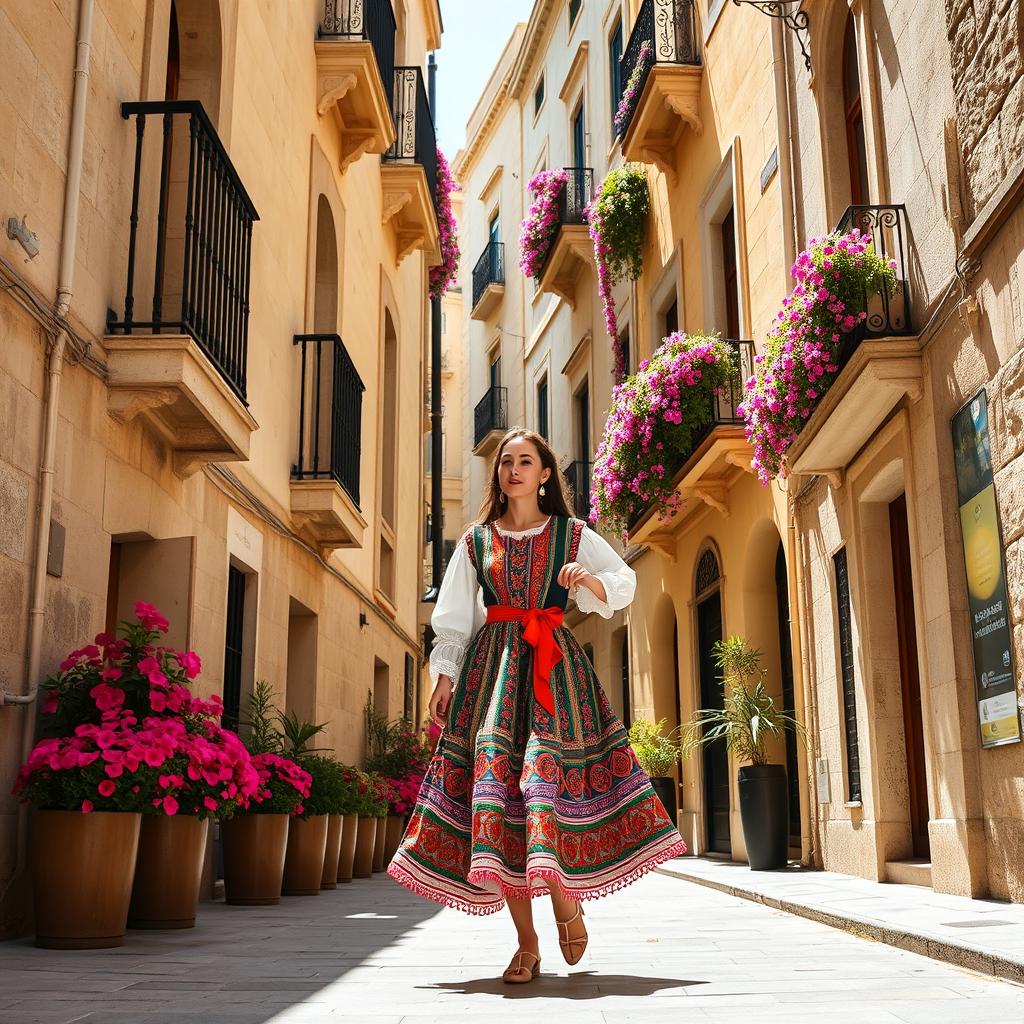 A Maltese woman wearing traditional folk dress, a colorful costume featuring intricate patterns and embroidery, walking gracefully along a picturesque narrow street in Valletta, Malta