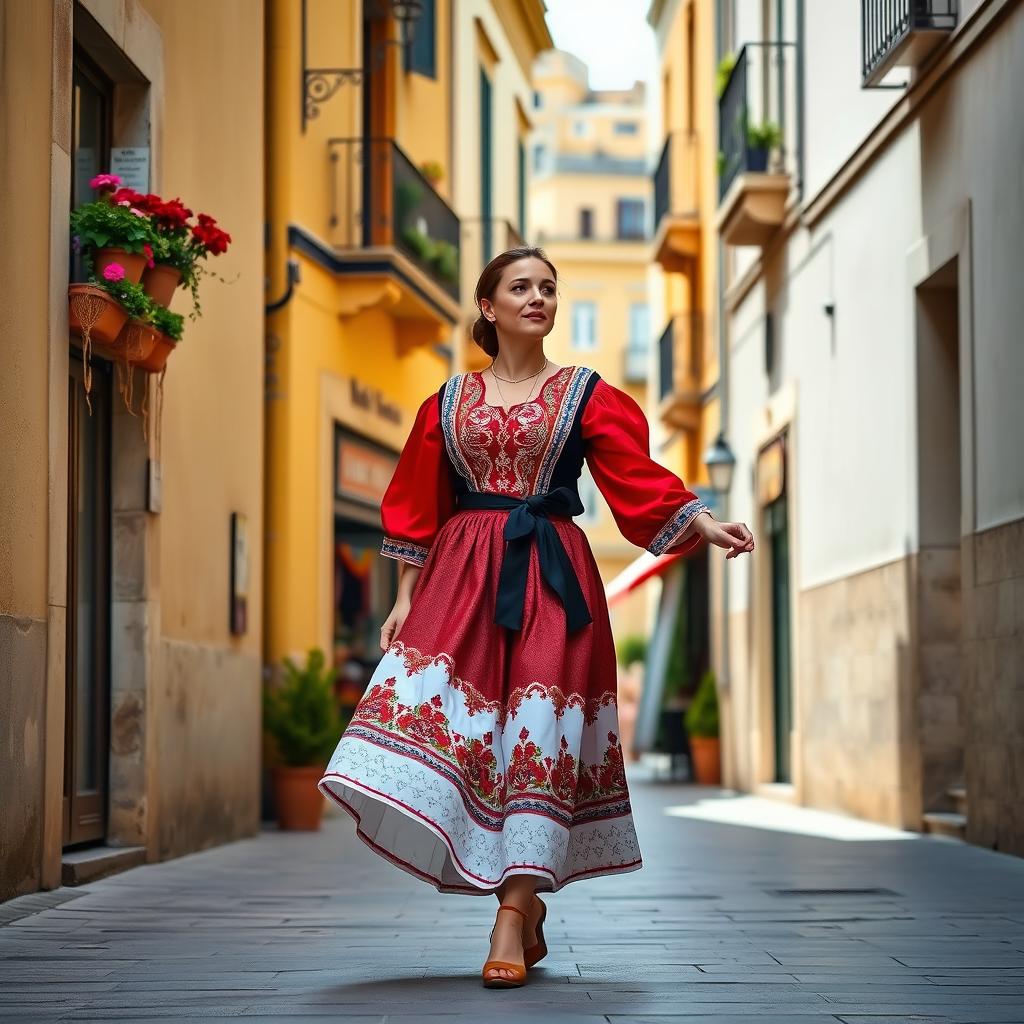 A woman dressed in traditional Maltese folk attire, walking gracefully down a picturesque street in Valletta, Malta