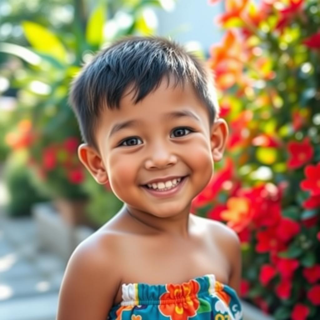 A cheerful Thai boy with bright eyes, wearing colorful shorts