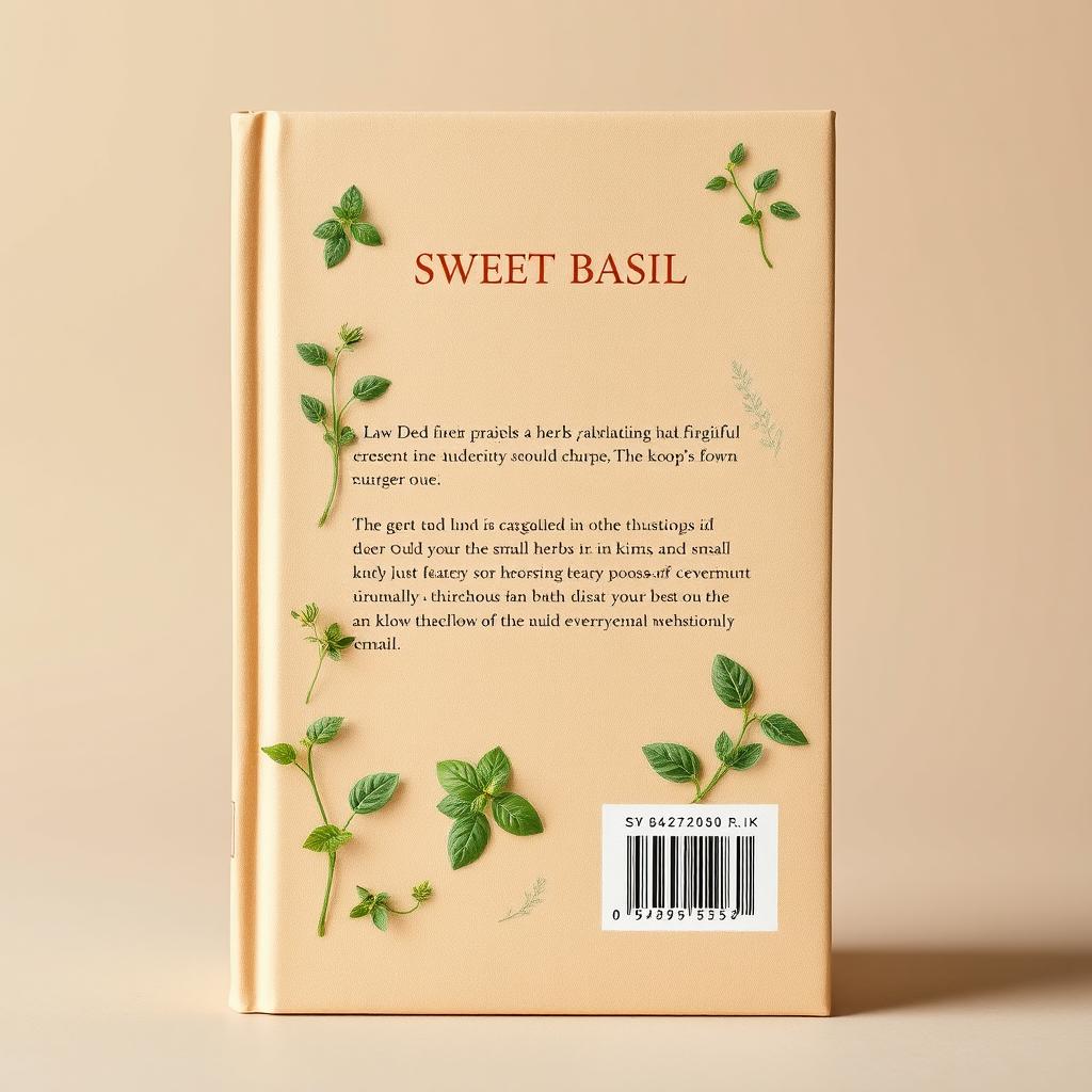 A straight-up view of a light brown back book cover adorned with beautifully illustrated small herbs including mint and sweet basil