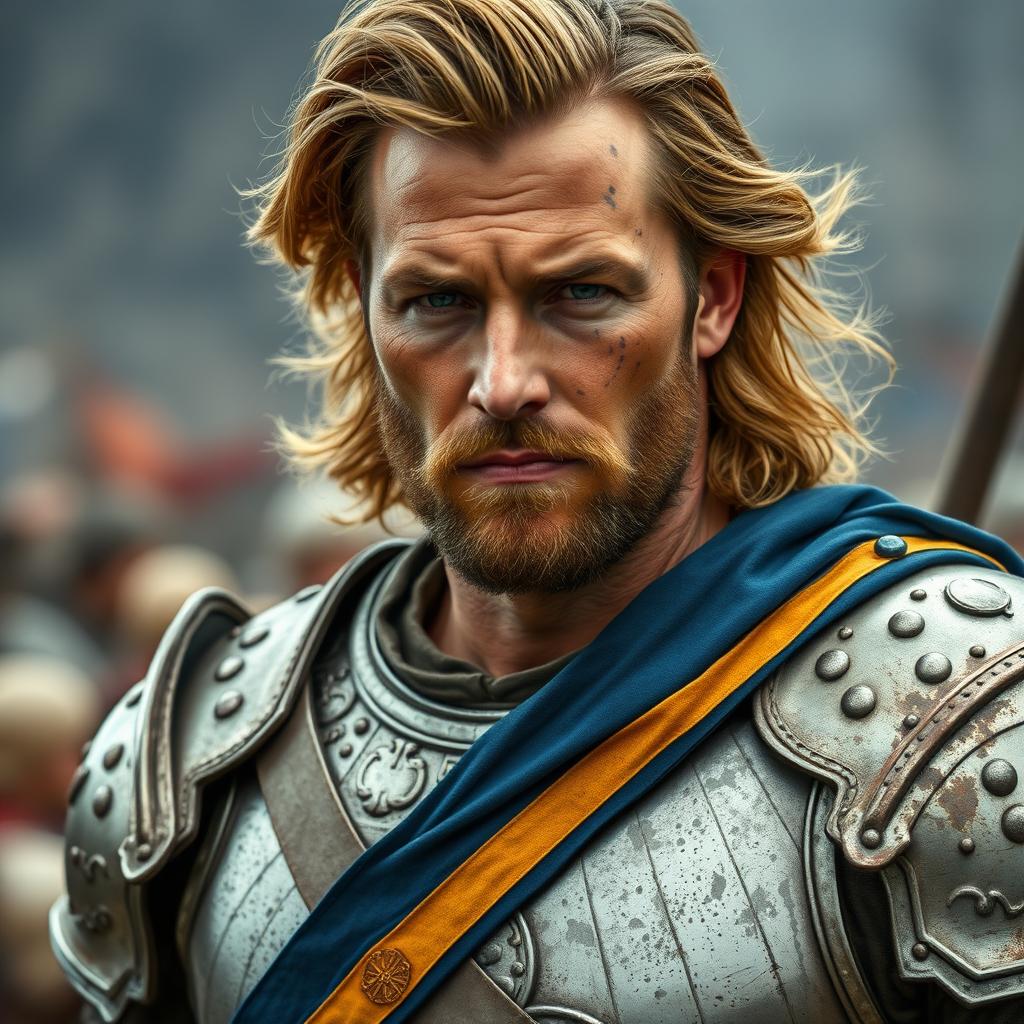 A tall, broad-shouldered man with golden-brown hair that falls just past his ears, often swept back in an effortless, stylish manner