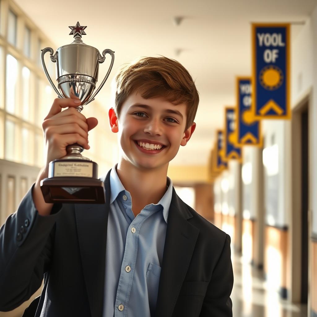 A young male student proudly holding up a trophy, showcasing a wide smile of accomplishment
