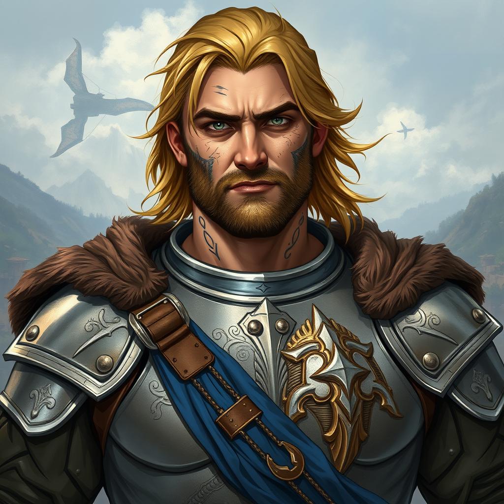 A tall, broad-shouldered man illustrated in a Dungeons & Dragons style, with golden-brown hair that falls just past his ears, often swept back in an effortless manner