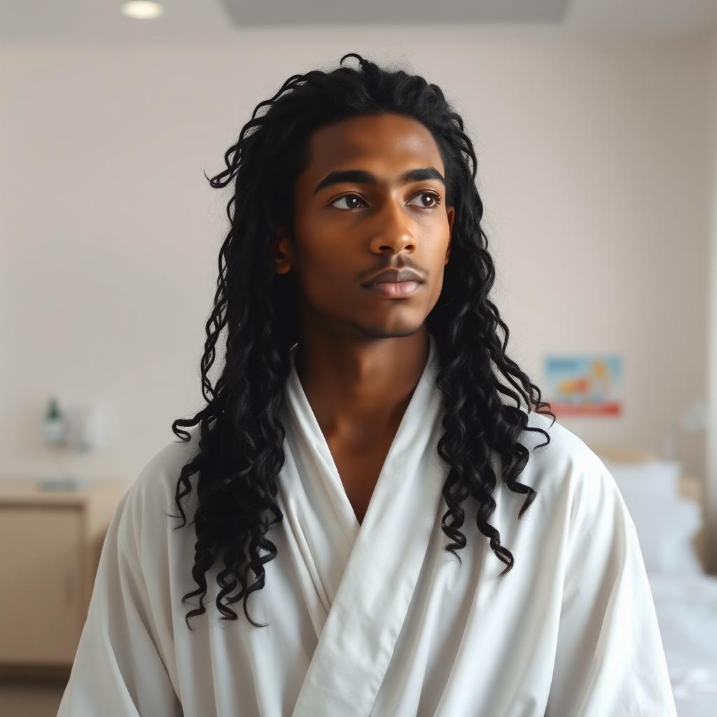 A 20-year-old man with warm brown skin and long curly black hair that reaches his shoulders