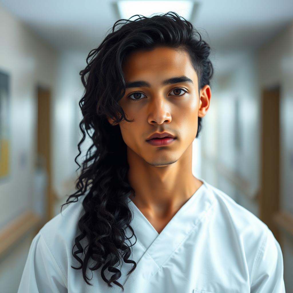 A 20-year-old man with medium skin tone, long curly black hair cascading down to his shoulders, featuring long eyelashes and delicate, feminine features