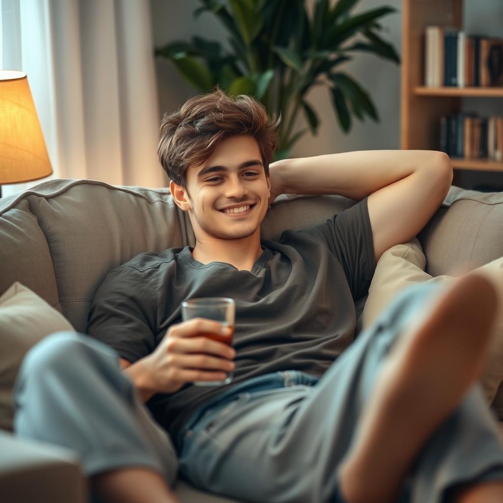 A relaxed young man lounging on a comfortable sofa in a cozy living room, wearing casual clothing, with a calm smile on his face
