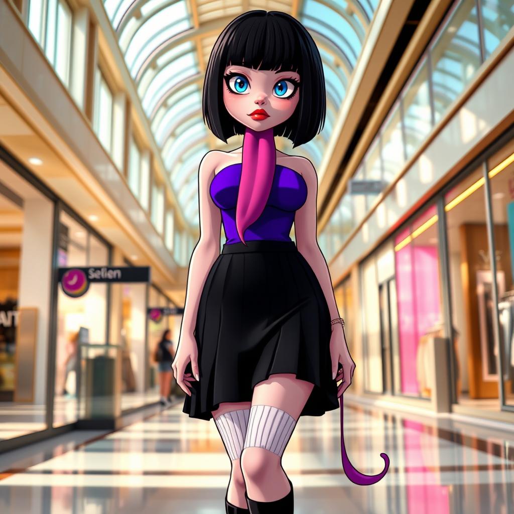 A vibrant and shapely tall goth girl designed in a unique style that blends elements of Disney Pixar and Steven Universe