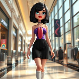A vibrant and shapely tall goth girl designed in a unique style that blends elements of Disney Pixar and Steven Universe