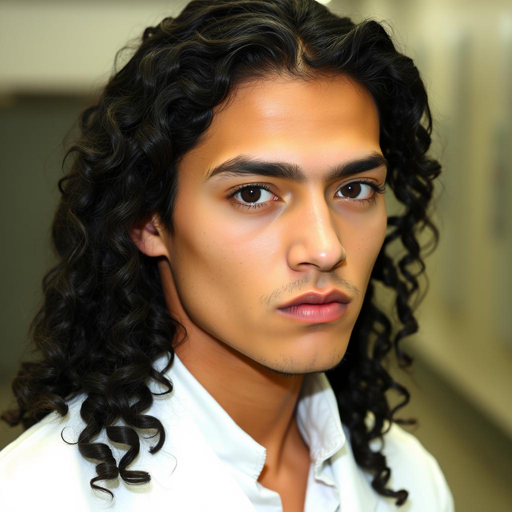 A 20-year-old man with a delicate and feminine appearance, featuring neither too dark nor too light skin, long curly black hair cascading down to his shoulders, and long eyelashes