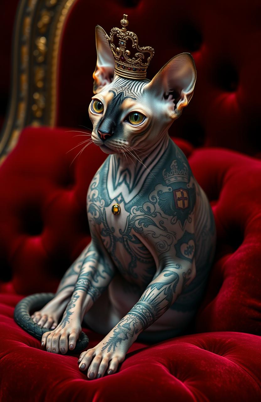 A majestic Sphynx cat adorned with intricate tattoos that reflect regal patterns, showcasing its unique, hairless skin
