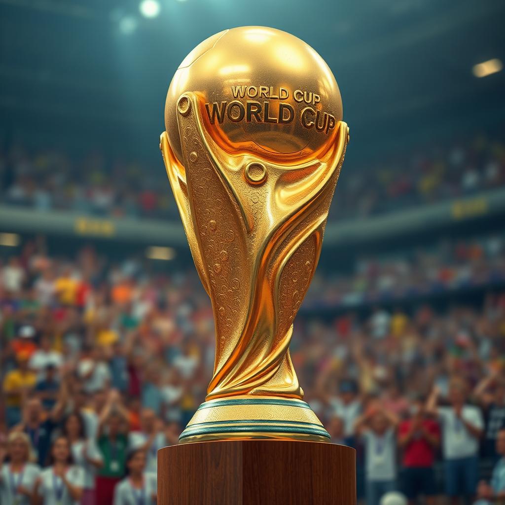 A detailed, high-resolution image of the World Cup trophy, showcasing its golden surface with intricate engravings and a shining, polished finish