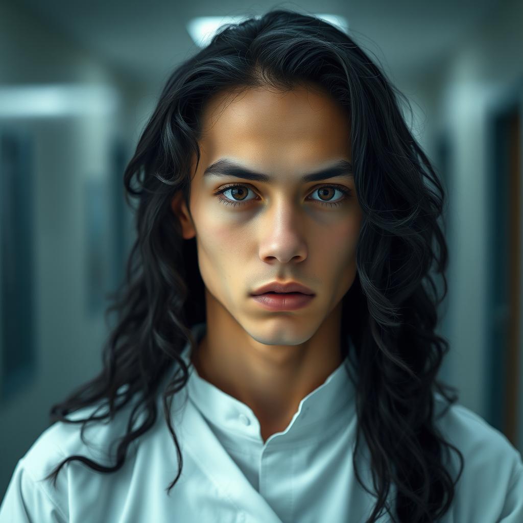 A 20-year-old male with medium skin tone and long curly black hair flowing down to his shoulders