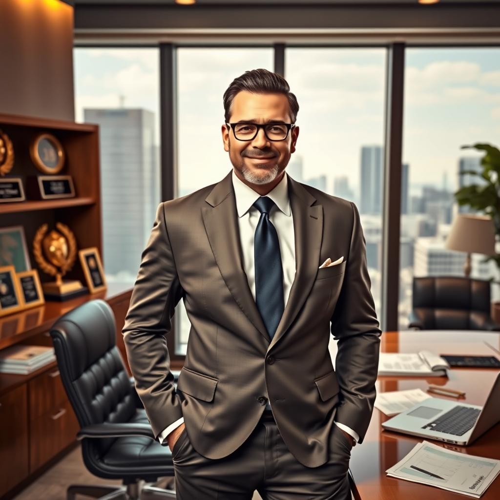 A portrait of an influential businessman in a modern office setting, surrounded by awards and a large window showing a city skyline