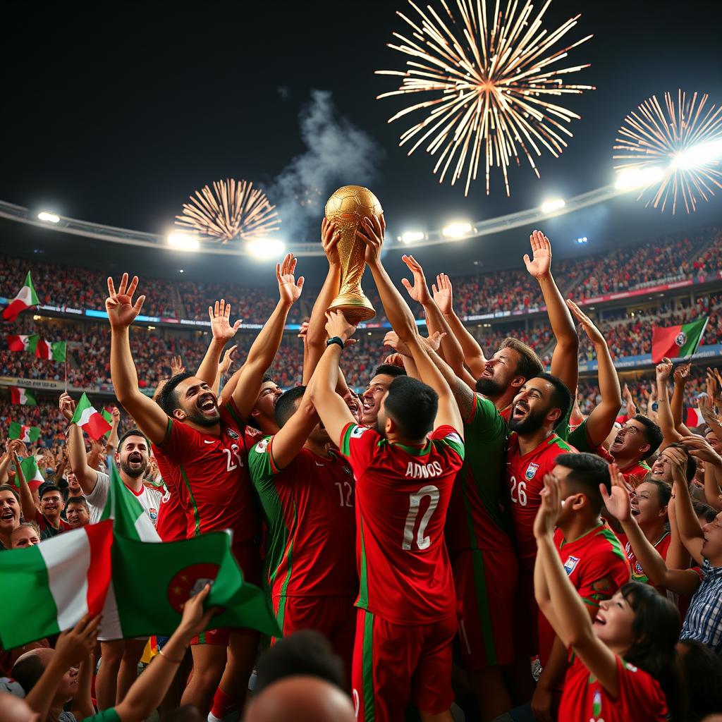 A dynamic, celebratory scene depicting the moment Portugal wins the 2026 World Cup