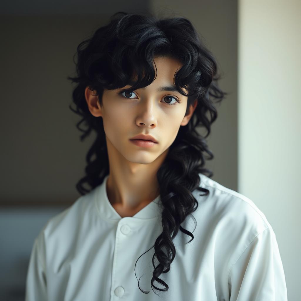 A 20-year-old male with a delicate and feminine appearance, featuring a thin face and long curly black hair cascading down to his shoulders