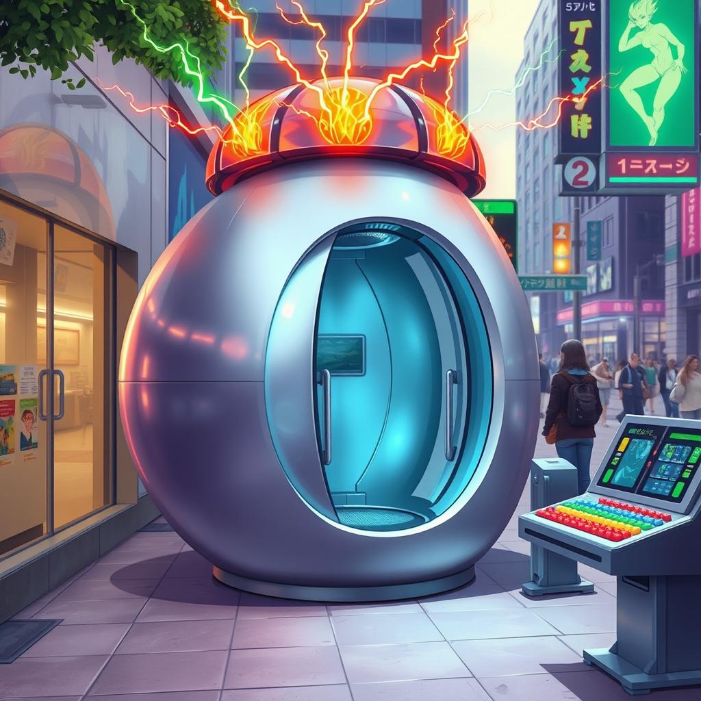 A futuristic teleporter booth, designed as an oval egg-shaped teleport chamber reminiscent of sci-fi elements from 'The Fly'