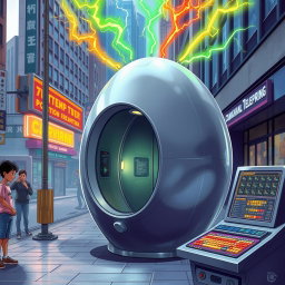 A futuristic teleporter booth, designed as an oval egg-shaped teleport chamber reminiscent of sci-fi elements from 'The Fly'