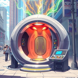 A futuristic teleporter booth, designed as an oval egg-shaped teleport chamber reminiscent of sci-fi elements from 'The Fly'