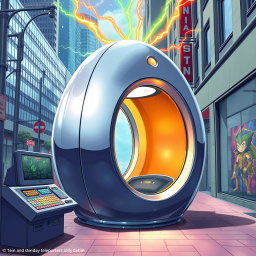 A futuristic teleporter booth, designed as an oval egg-shaped teleport chamber reminiscent of sci-fi elements from 'The Fly'