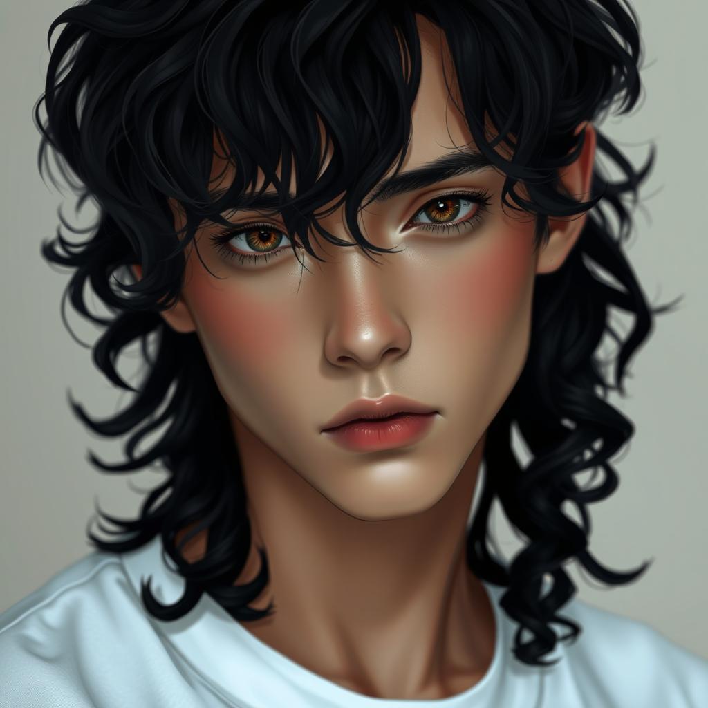 A 20-year-old male with a delicate and feminine appearance, featuring neither too dark nor too light skin