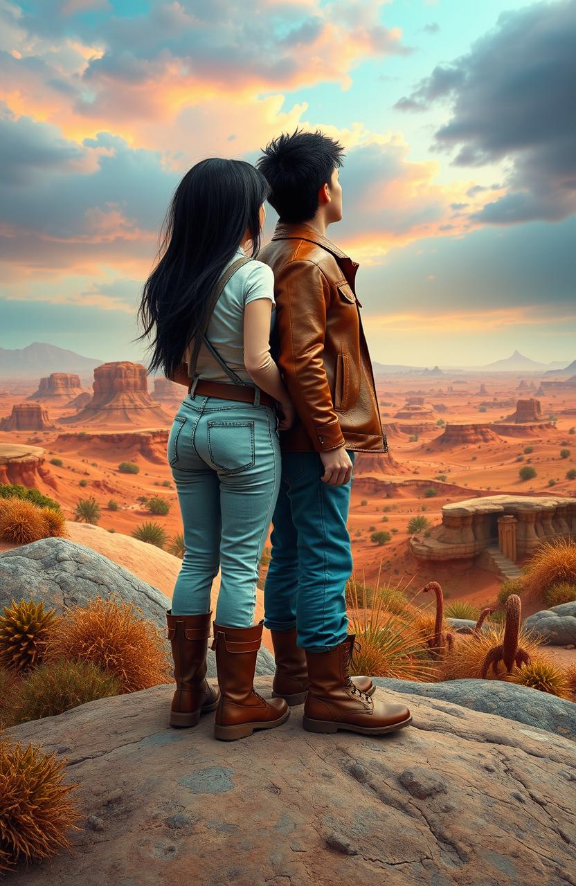 A scene set on an alien planet showcasing a guy and a girl standing side by side, gazing at an expansive horizon filled with strange, colorful landscapes and exotic plants