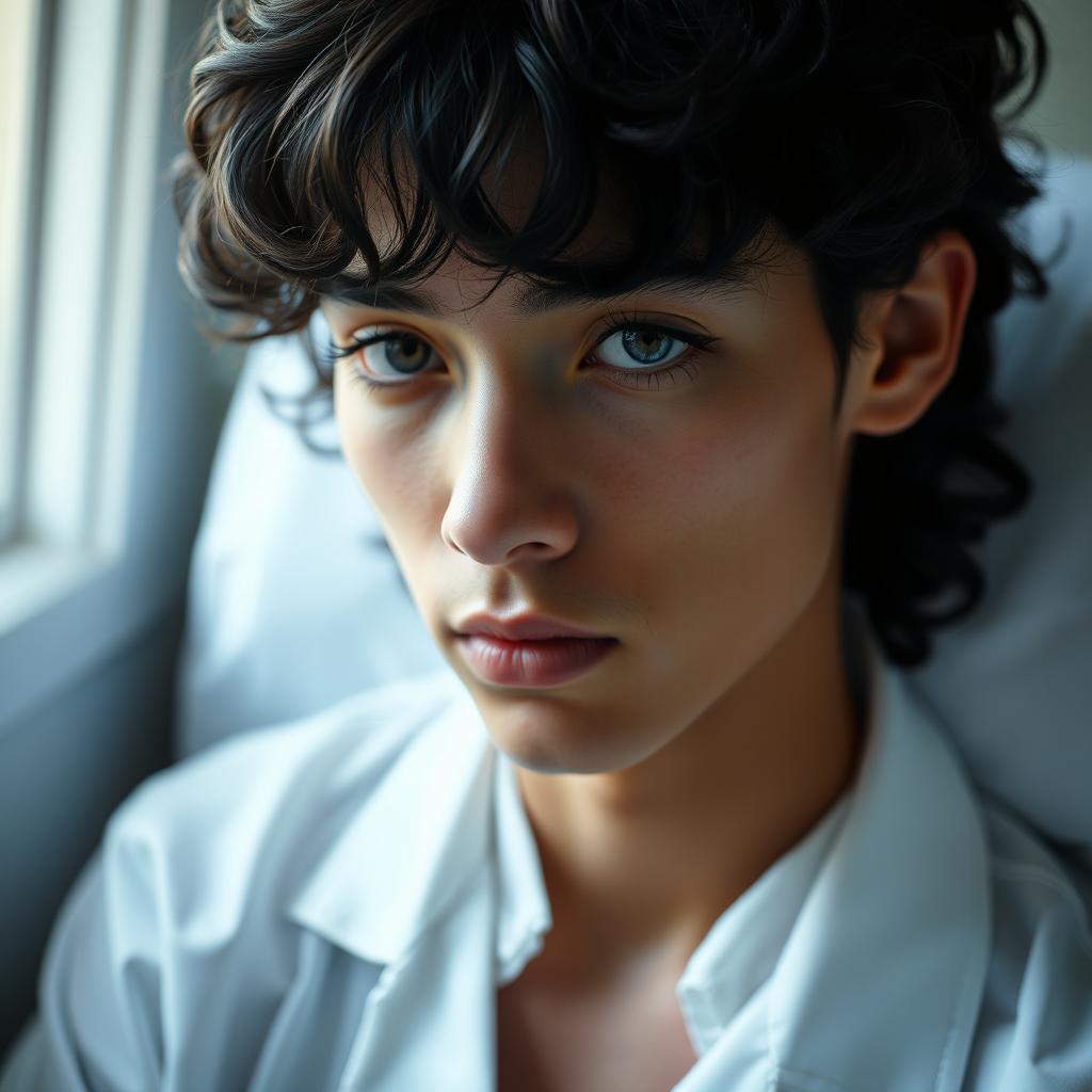 A 20-year-old male with a delicate and feminine appearance, featuring neither too dark nor too light skin