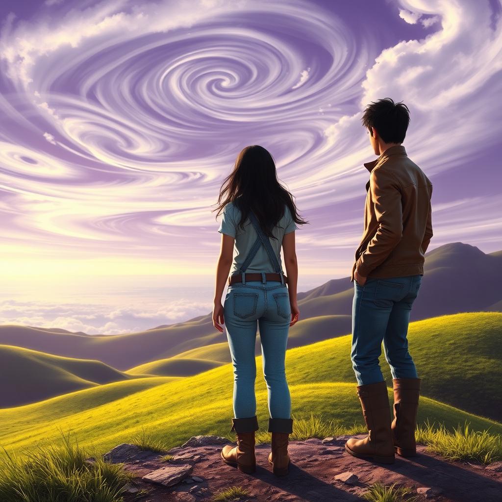 A captivating scene on an alien planet depicting a guy and a girl standing closely, gazing towards a stunning horizon