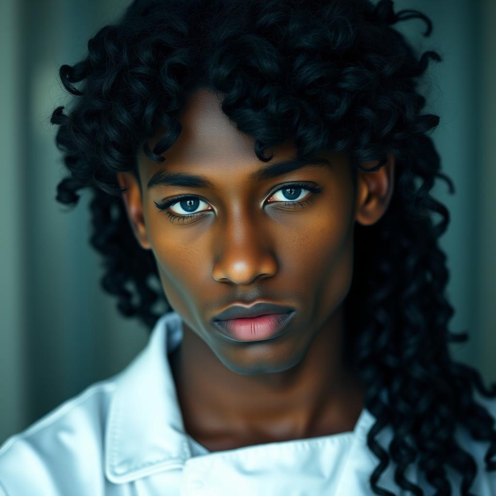 A 20-year-old man with dark skin and long curly hair cascading down to his shoulders