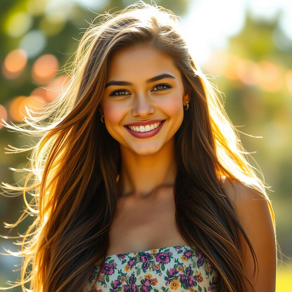 A stunning portrait of a confident young woman with long flowing hair, wearing a stylish summer dress