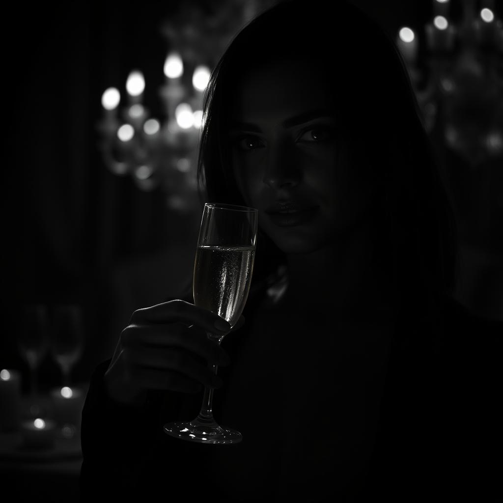 A mysterious woman holding a champagne glass under dim light in a black and white, dark and mysterious atmosphere