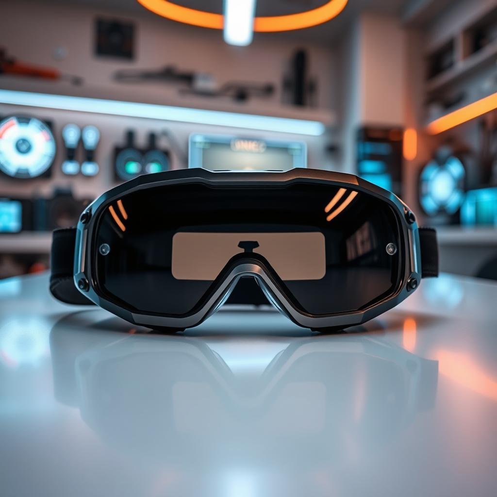 A pair of high-tech goggles sitting on a sleek, modern table