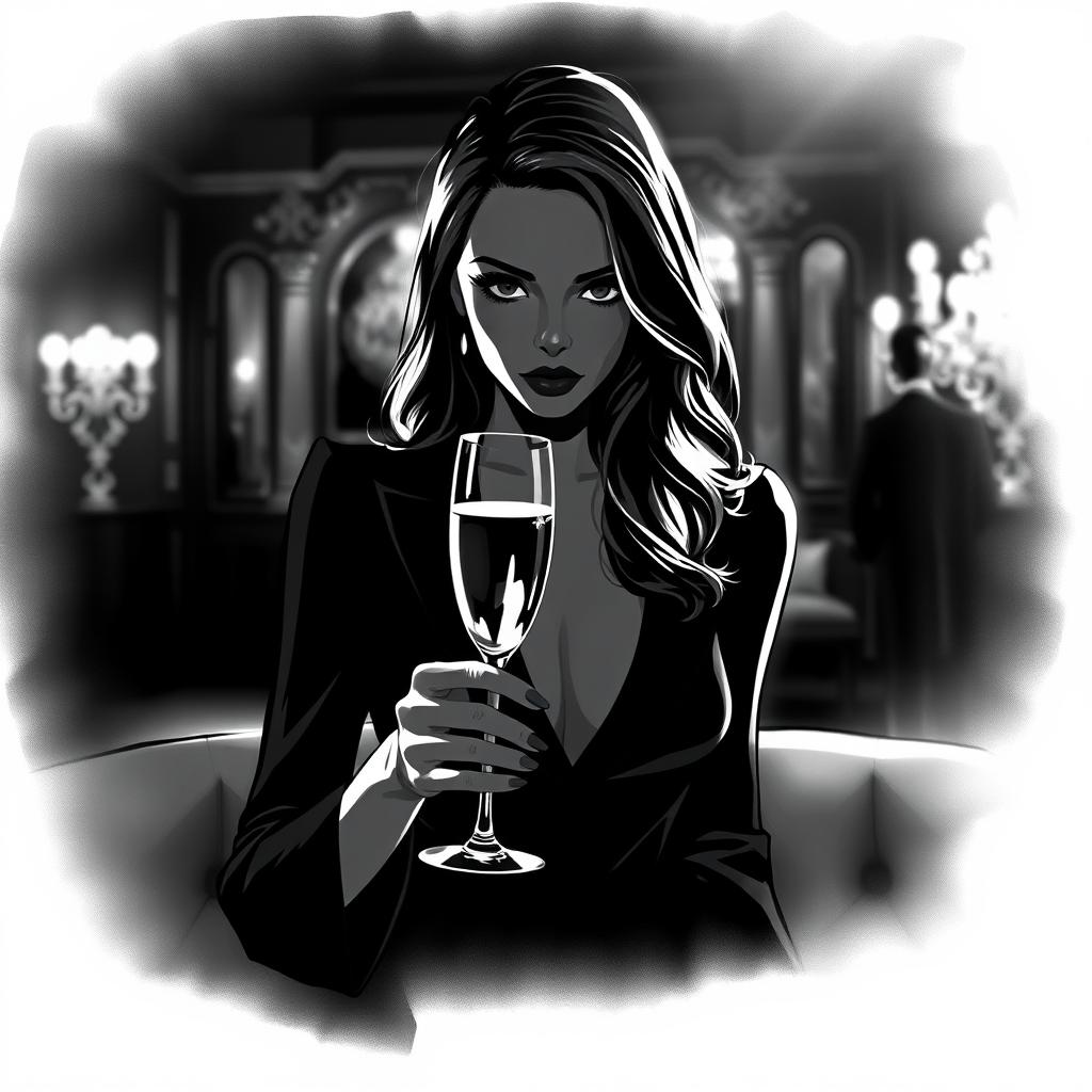An illustration in black and white depicting a mysterious woman holding a champagne glass in a dark and atmospheric setting, under dim light
