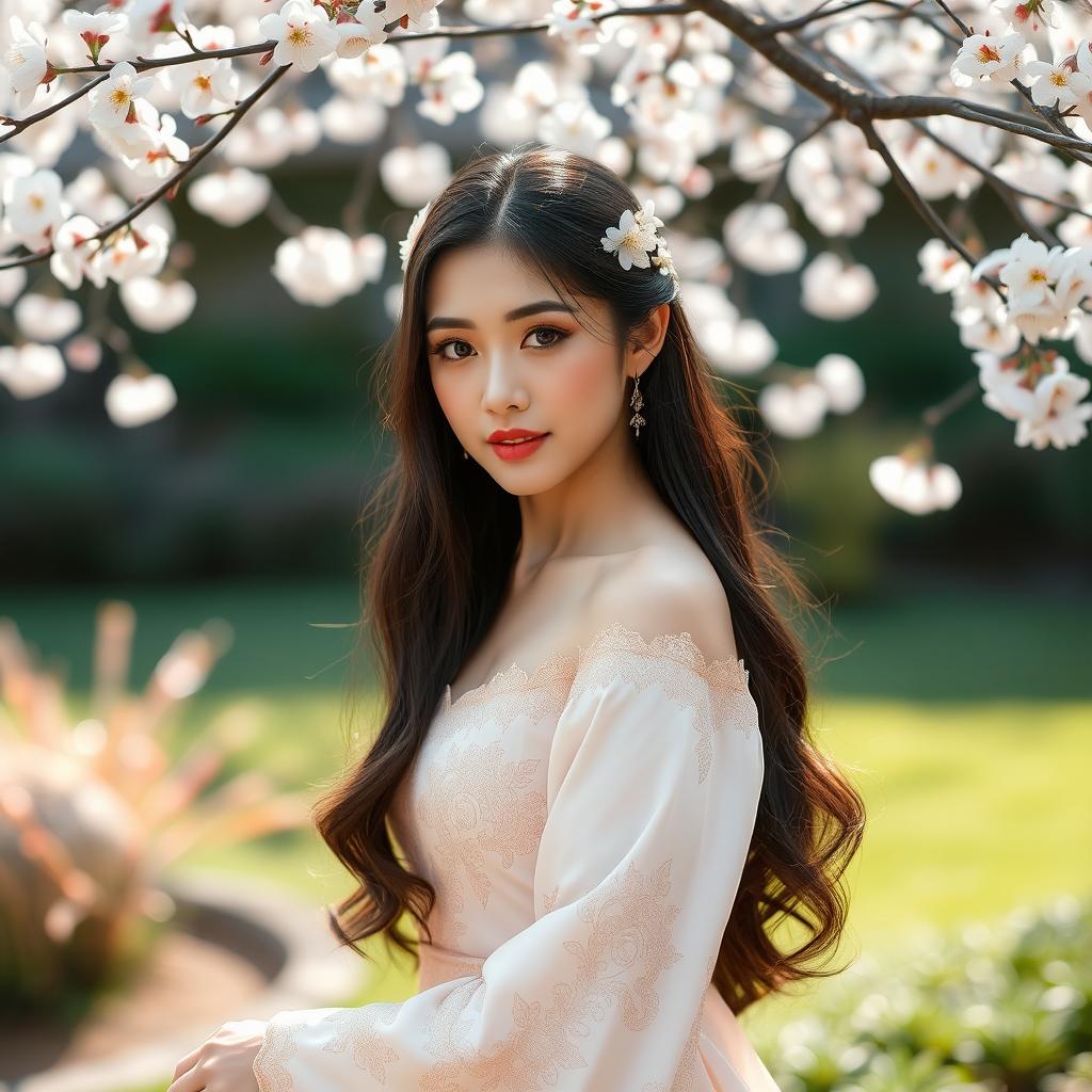 A stunning portrait of an Asian woman, gracefully posed in an elegant, flowing traditional dress with intricate patterns