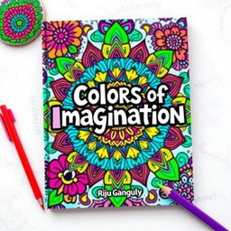 A vibrant and innovative book cover for a coloring book titled 'Colors of Imagination' by Riju Ganguly