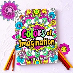 A vibrant and innovative book cover for a coloring book titled 'Colors of Imagination' by Riju Ganguly